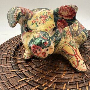 Vintage Mikasa Decoupage on Ceramic Pig Green Rose Floral Paper Mache Chintz